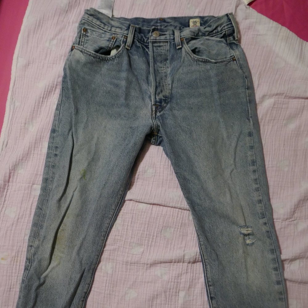 Levi's 501 Skinny White Oak Cone Denim Distressed Jeans 30 x 28 Light Wash Acid